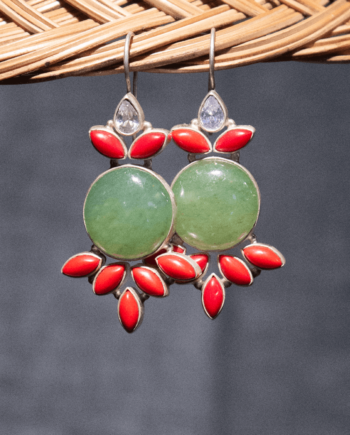 Green and Red Mixed Adventurine Quartz and Coral Earrings